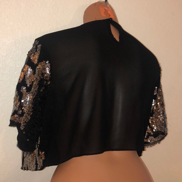 FURY Black Semi Sheer Silver Sequin Crop Top - Picture 6 of 8